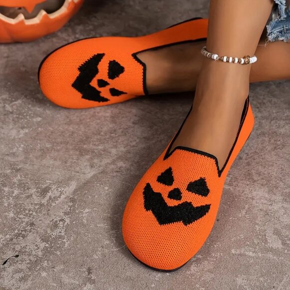 Shoes - Halloween pumpkin print flat shoes